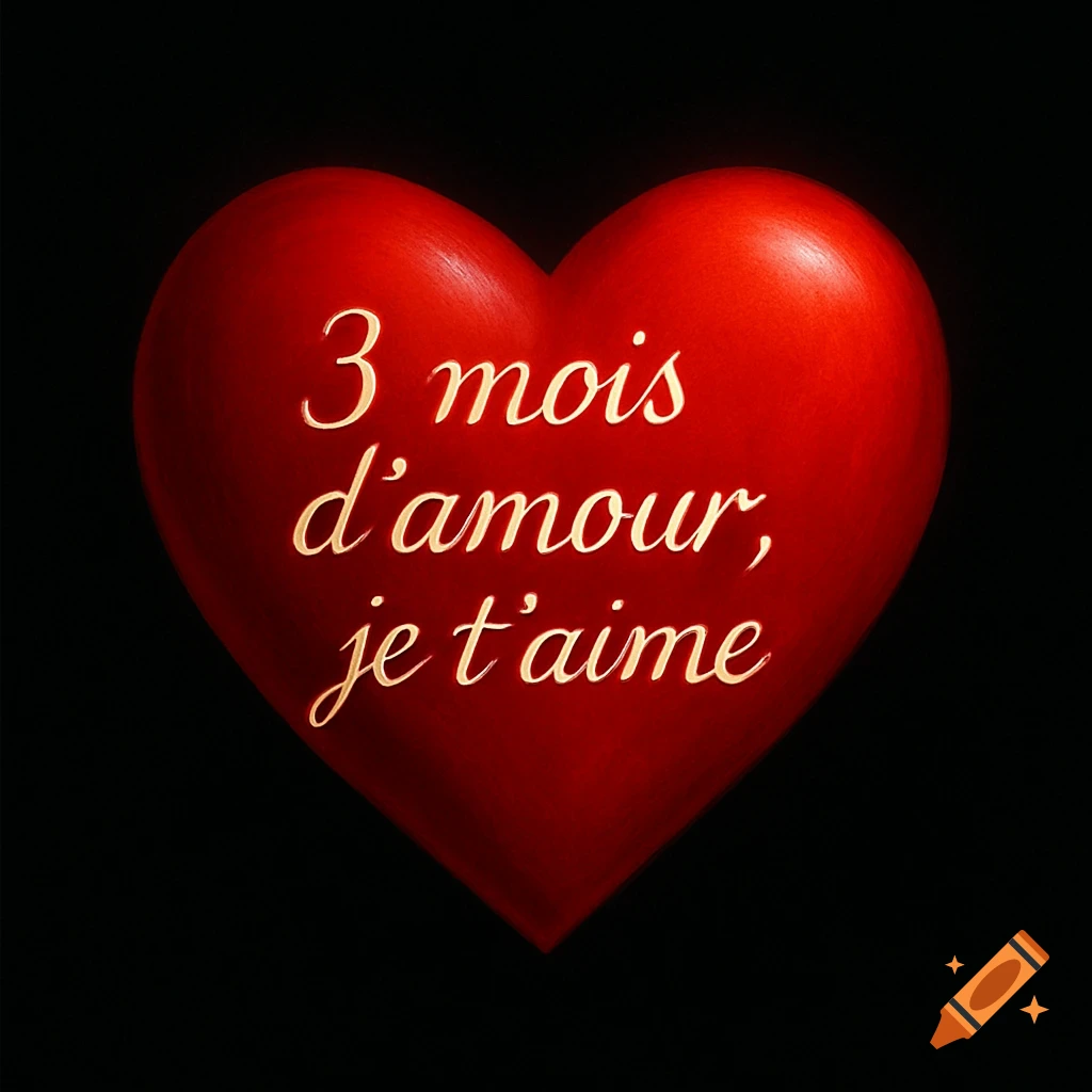 A red heart with golden embossed text '3 mois d'amour, je t'aime' (3 months of love, I love you) on a black background.