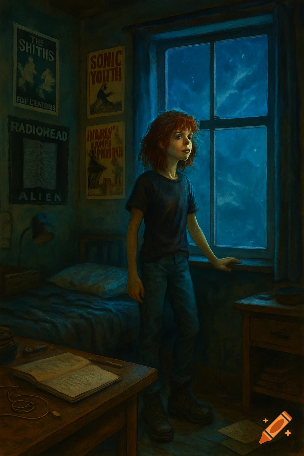 A thoughtful teenager with red hair stands by a window in a dimly lit bedroom, gazing out at the dark, cloudy night sky. Band posters adorn the wall.