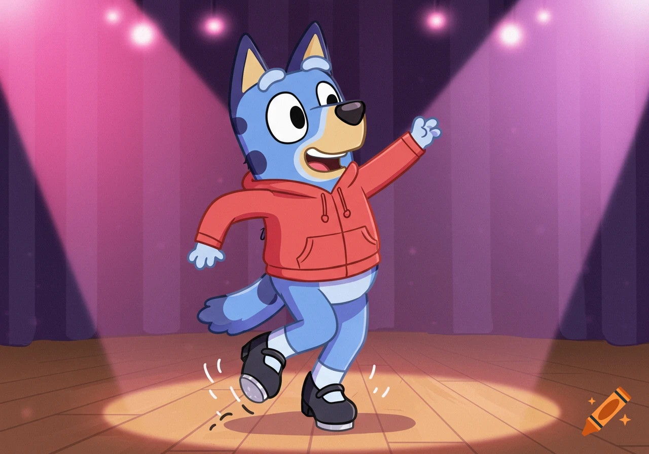 Bluey, a blue dog cartoon character, tap dances on a spotlight stage wearing a red hoodie, blue pants, and black tap shoes.