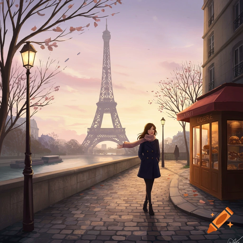An illustrative scene of a woman walking on a cobblestone street in Paris with the Eiffel Tower at sunset.