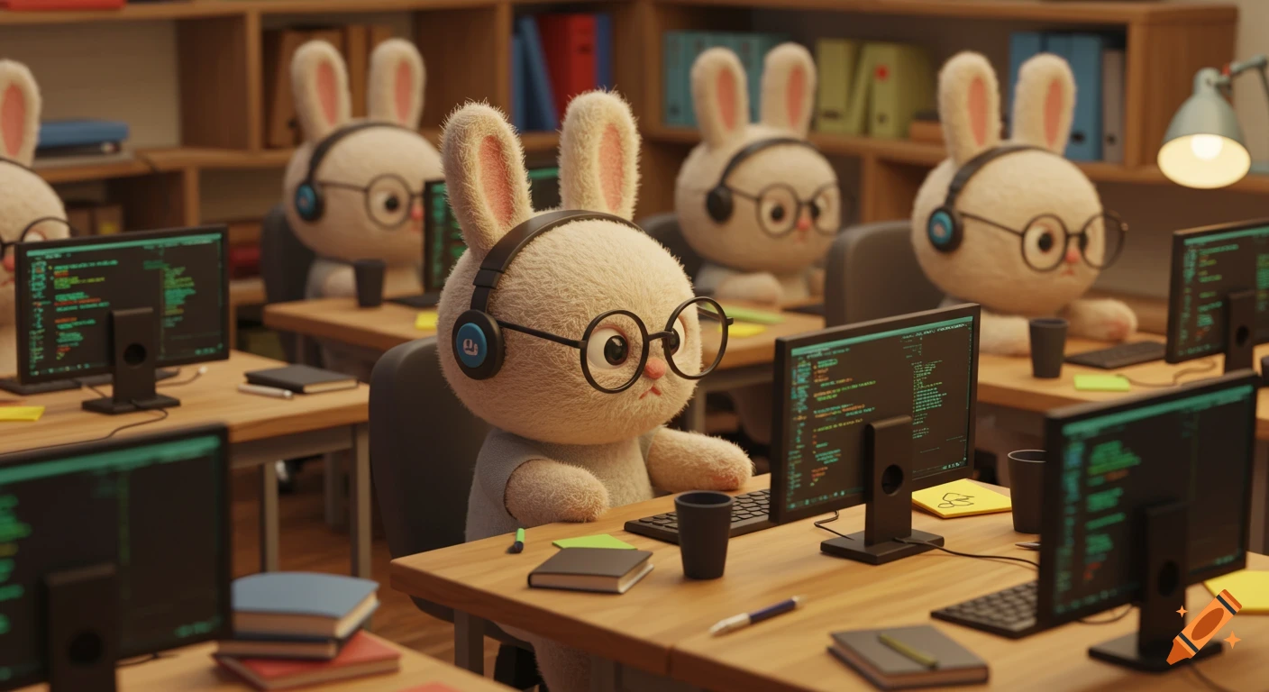 A group of cute, fluffy 3D animated Pixar-style rabbits with headphones and glasses intensely coding at computer monitors in an office.