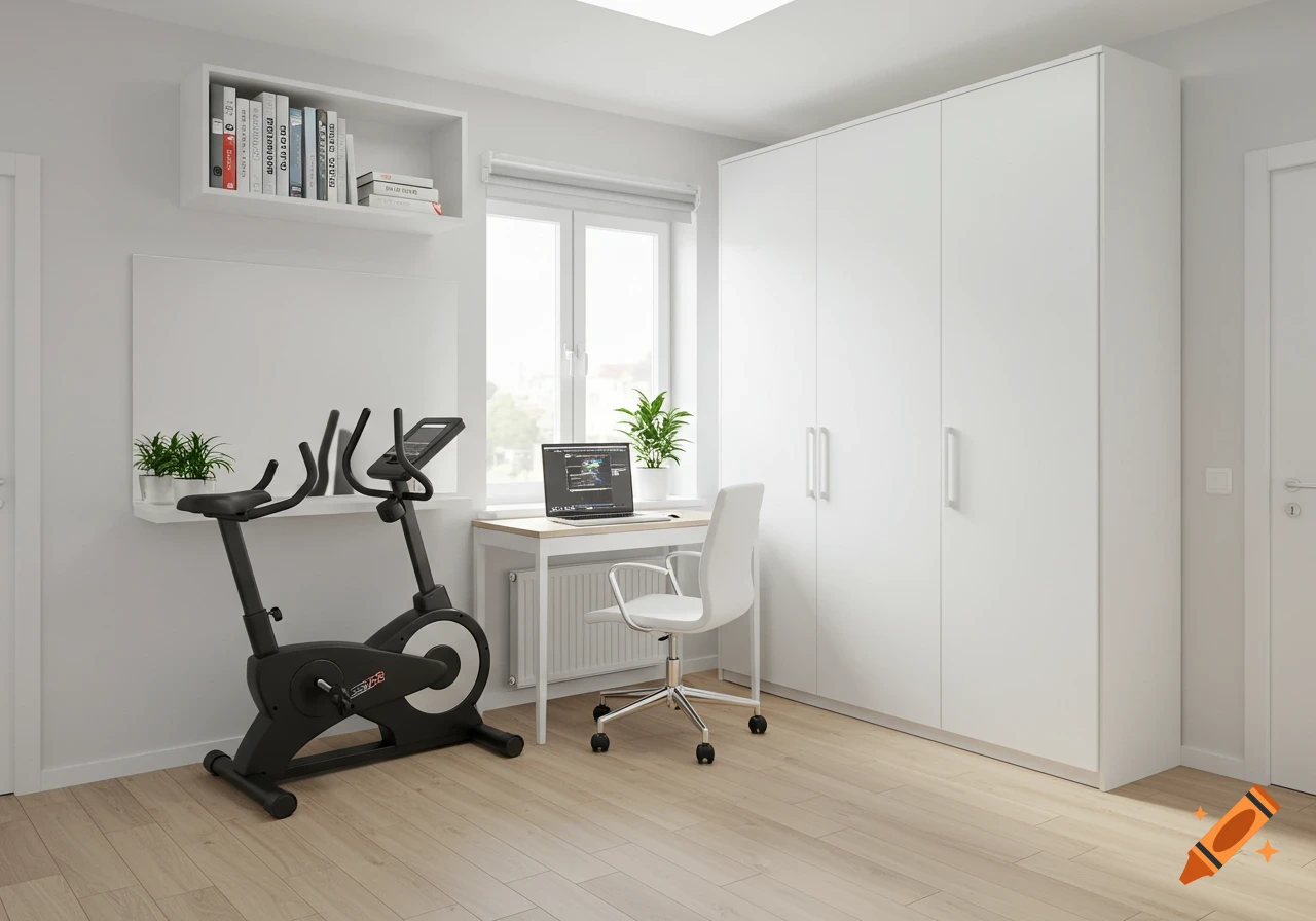 A bright, modern room featuring a black exercise bike, a light wooden desk with a laptop and white chair, a large white wardrobe, and a bookshelf.