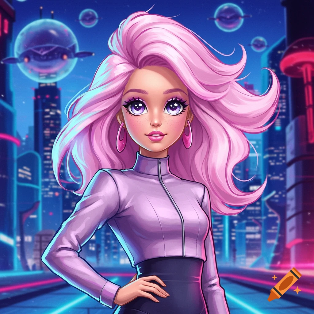 A stylized anime-style portrait of a pink-haired woman in a futuristic city with flying vehicles.