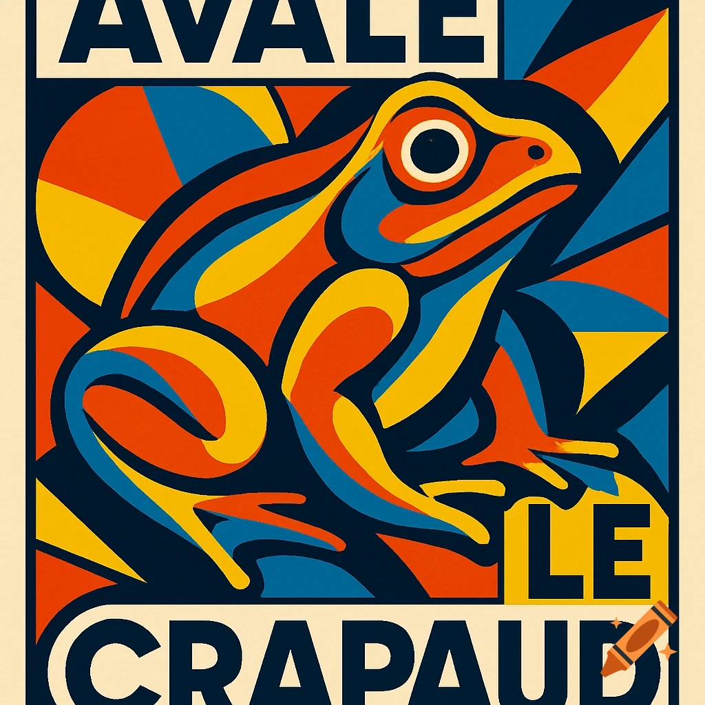 A vibrant, geometric pop art poster featuring a colorful frog against a patterned background, with the text 'AVALE LE CRAPAUD'.