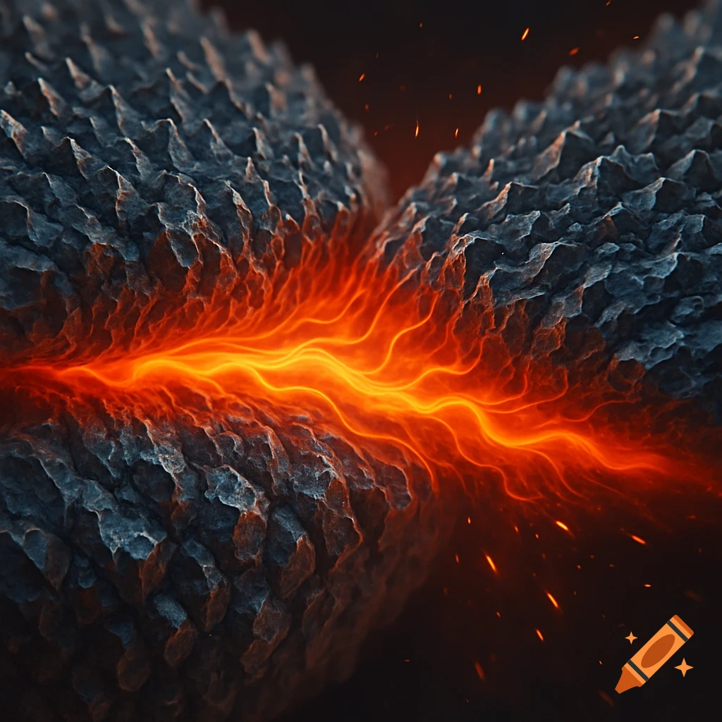 Microscopic view of two rough surfaces with glowing orange energy between them, symbolizing heat from friction.