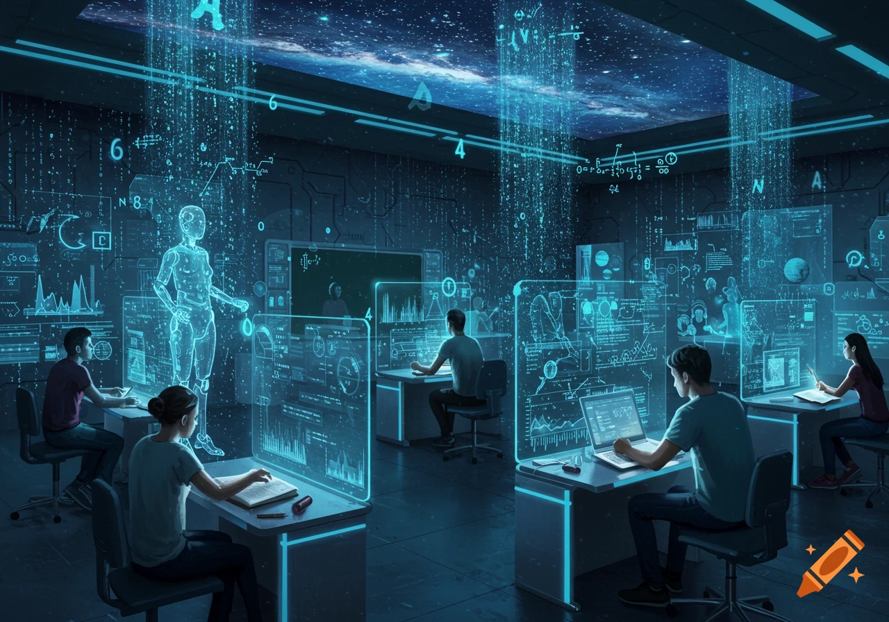 A futuristic data lab where students work at holographic computer stations, overseen by a glowing humanoid AI figure. The ceiling displays a starry sky.