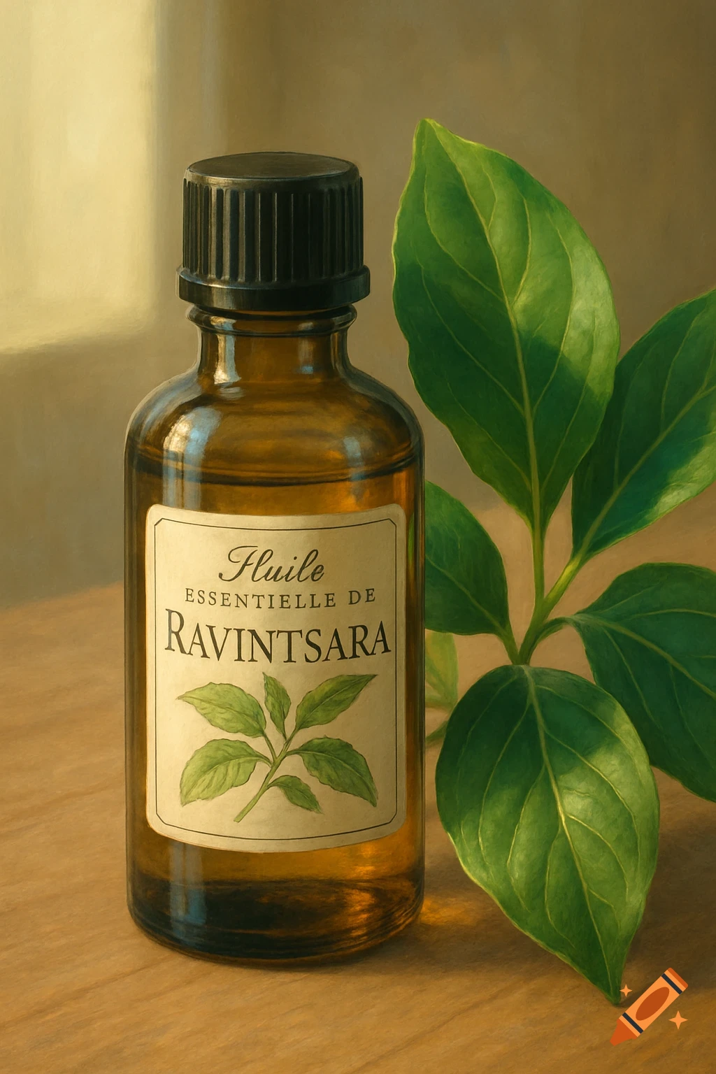 Photorealistic image of a brown glass bottle of Ravintsara essential oil next to green Ravintsara plant leaves on a wooden surface.