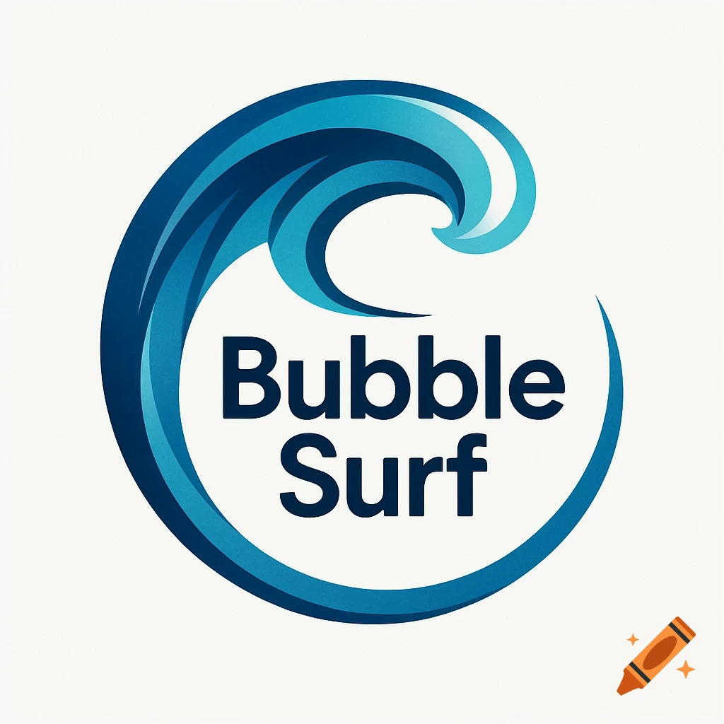 A stylized blue wave logo for "Bubble Surf" on a white background.