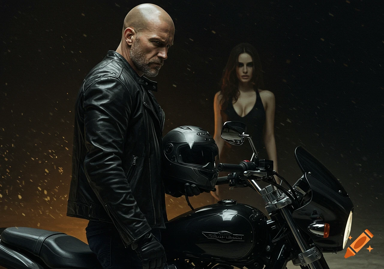 A bald man in a leather jacket stands beside a motorcycle, looking to the side. A woman in a black top is blurred in the background.