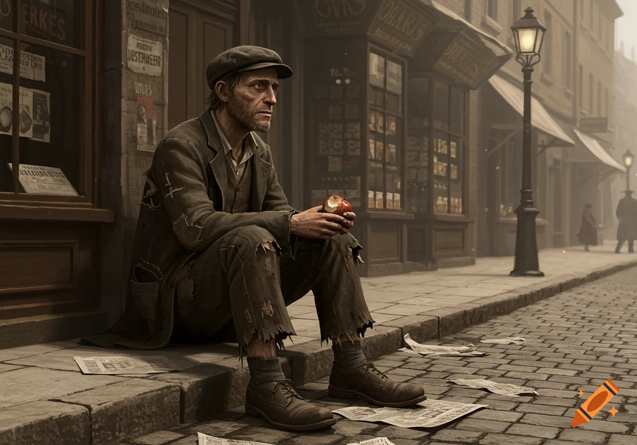 A disheveled 1920s homeless man in a cap sits on a foggy city sidewalk, eating a bitten red apple, with storefronts in the background.