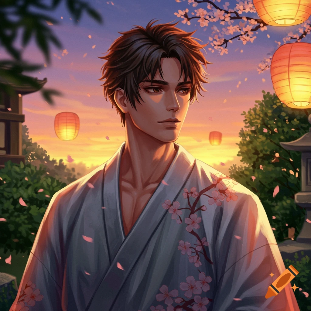 A semi-realistic anime man in a kimono with cherry blossoms and lanterns in a Japanese garden at sunset.
