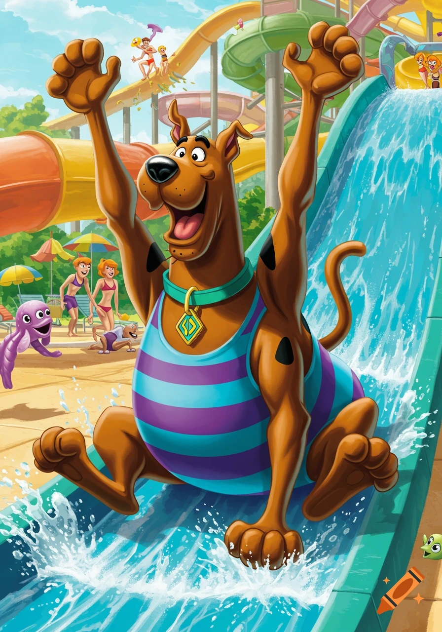 Cartoon Scooby Doo in a striped swimsuit joyfully sliding down a waterpark slide with arms raised, other characters in background.