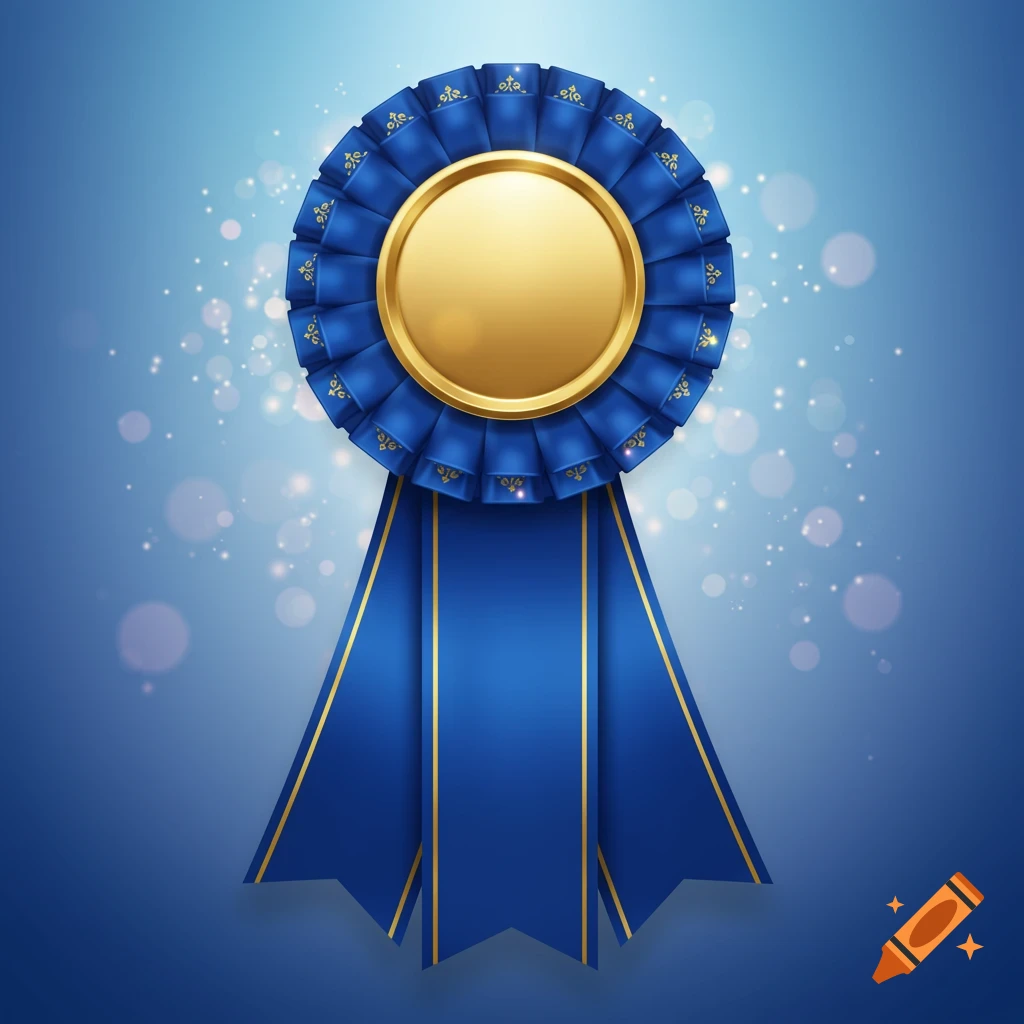 A blue first-place ribbon with a gold medallion in the center and sparkling light effects on a blue background.