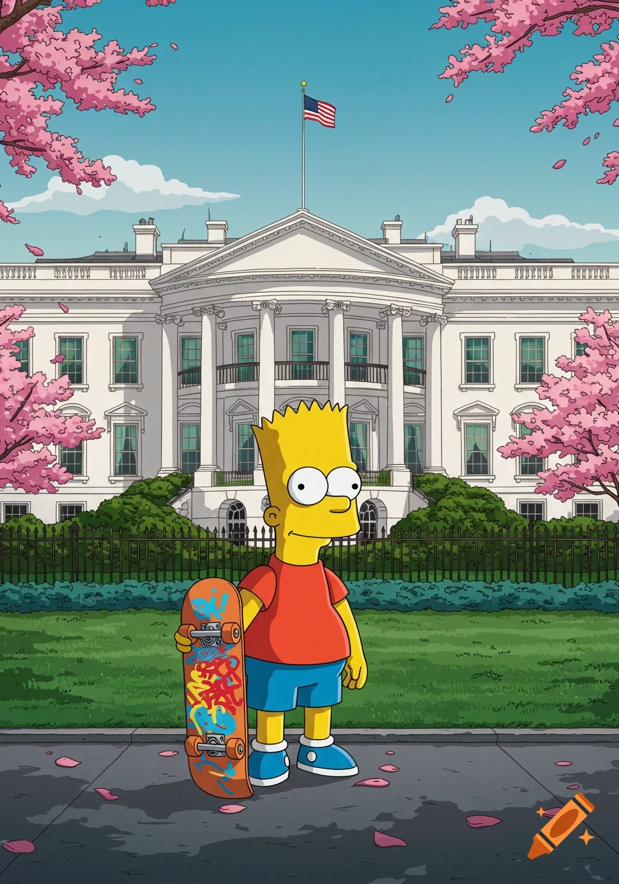 Cartoon Bart Simpson holding a skateboard in front of the White House with cherry blossoms.