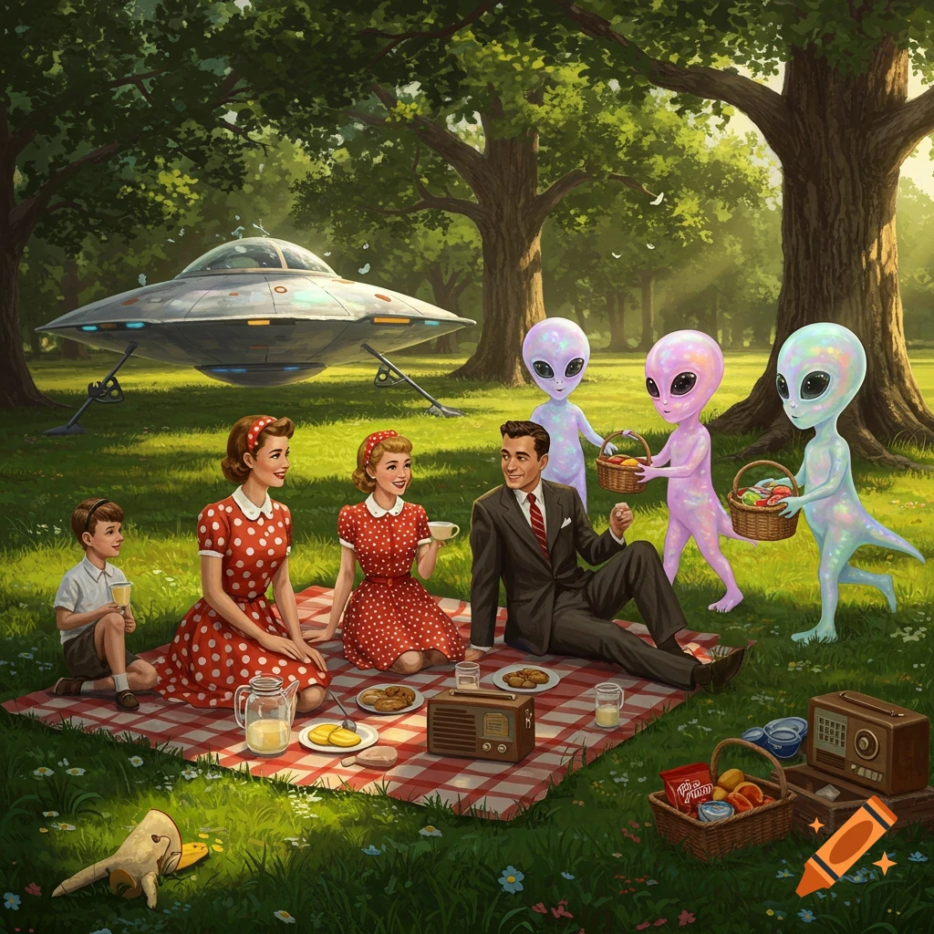 An illustration of a 1950s family having a picnic in a park with three friendly aliens and a landed UFO.