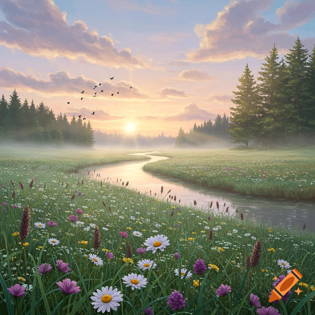 A serene landscape with a winding river through a field of wildflowers and pine trees, under a misty sunrise with birds flying.