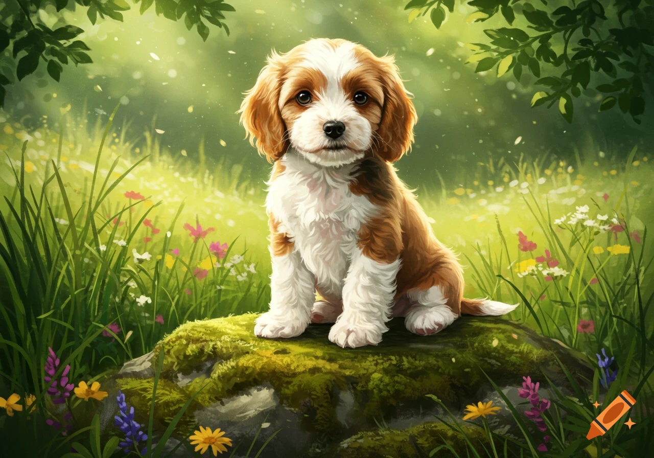 A cute brown and white puppy sits on a mossy rock in a sunlit field with green grass and wildflowers. Illustration.