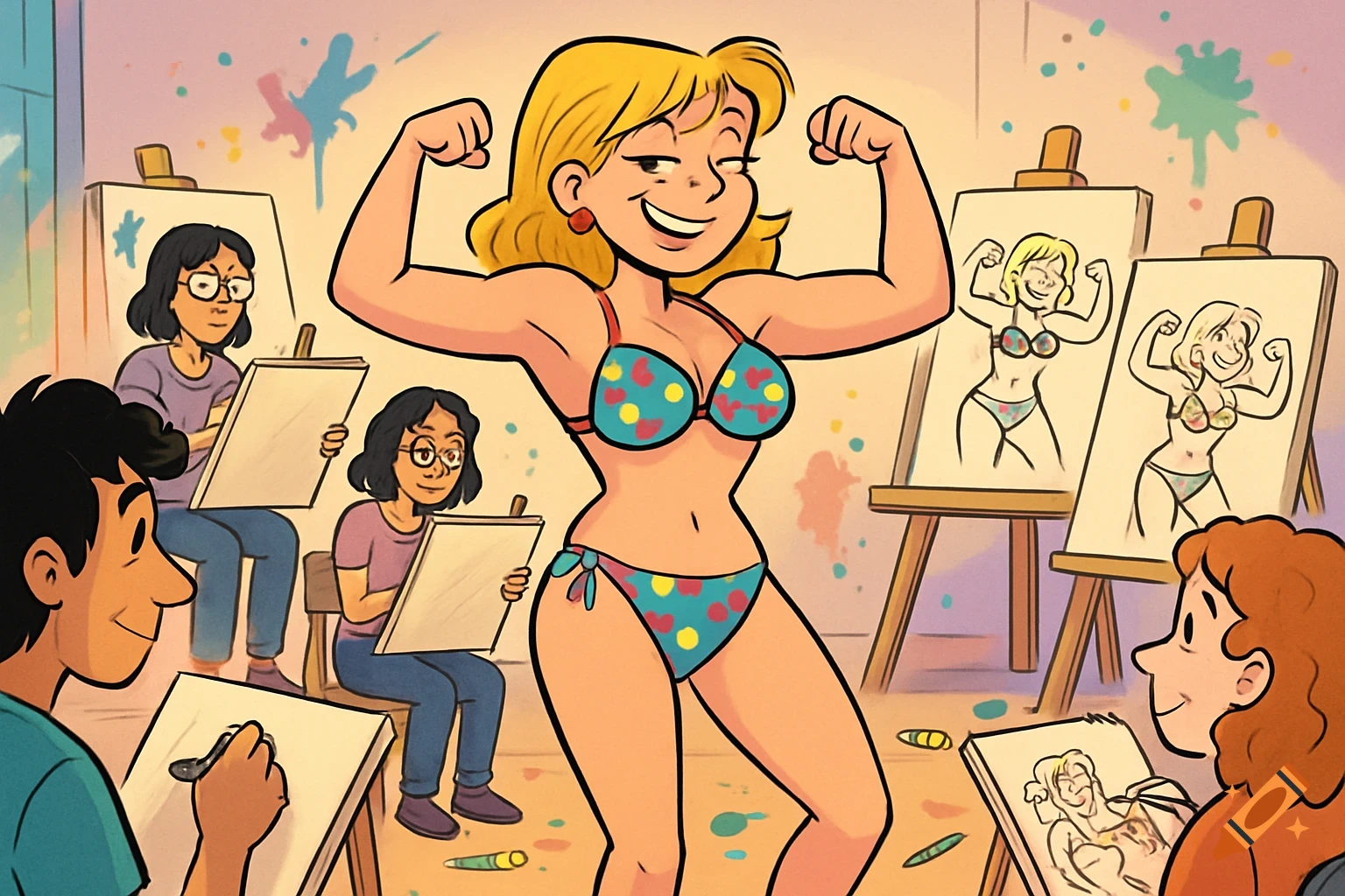 A cartoon woman in a blue polka-dot bikini flexes her muscles while an art class sketches her pose.