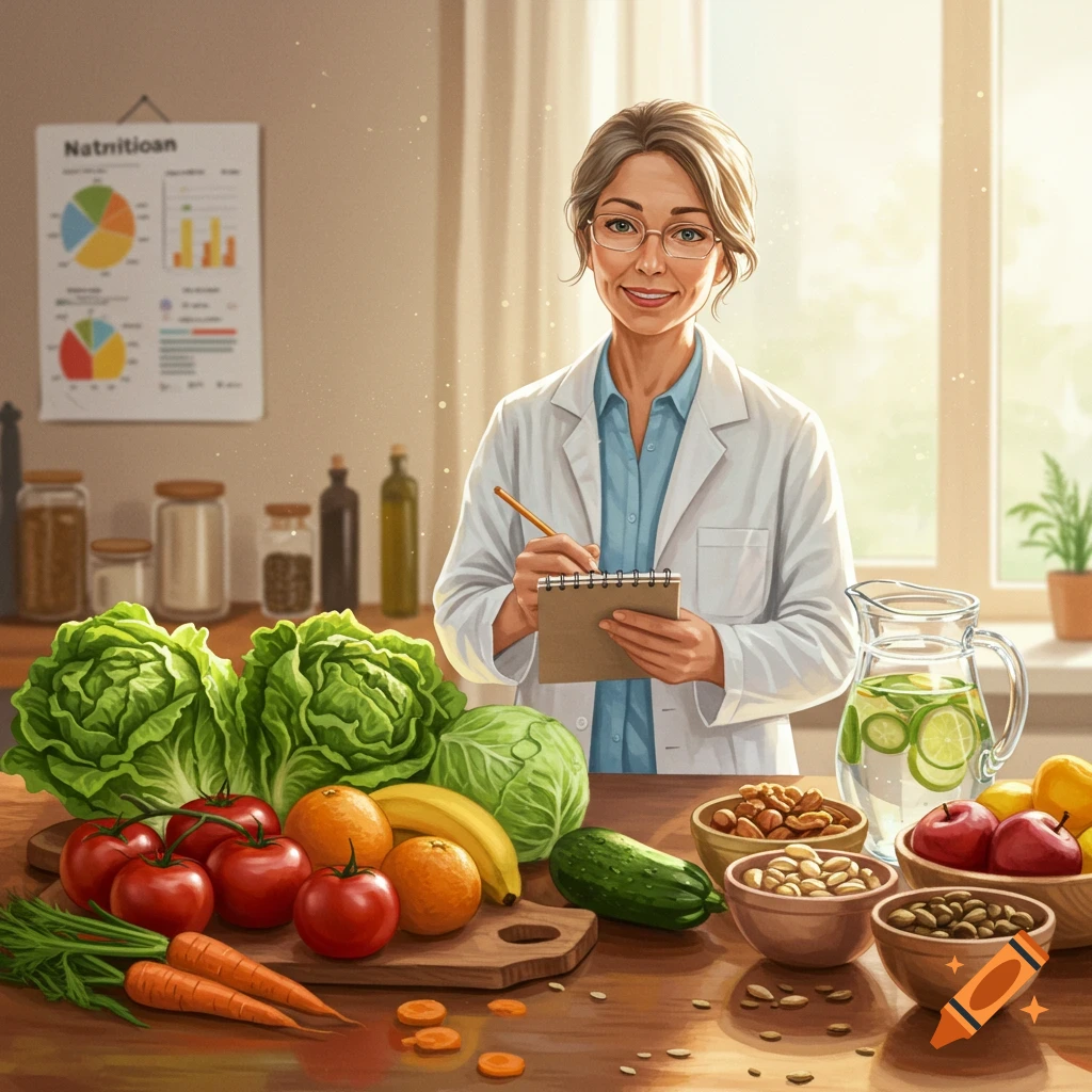 A smiling dietitian in a lab coat takes notes at a counter filled with fresh vegetables, fruits, and nuts in a bright, modern setting.