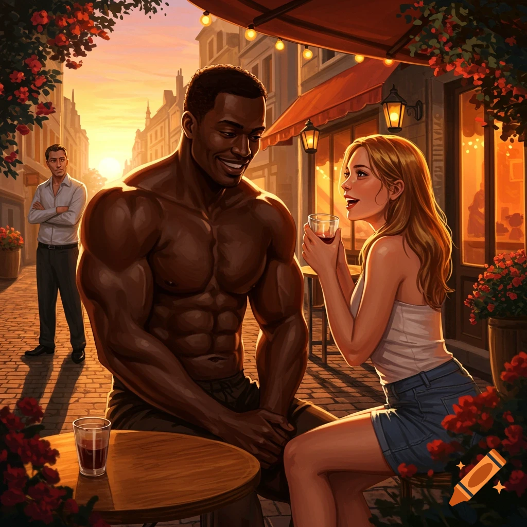 A muscular Black man flirts with a white woman at an outdoor cafe at sunset, while another man frowns in the background in a stylized illustration.