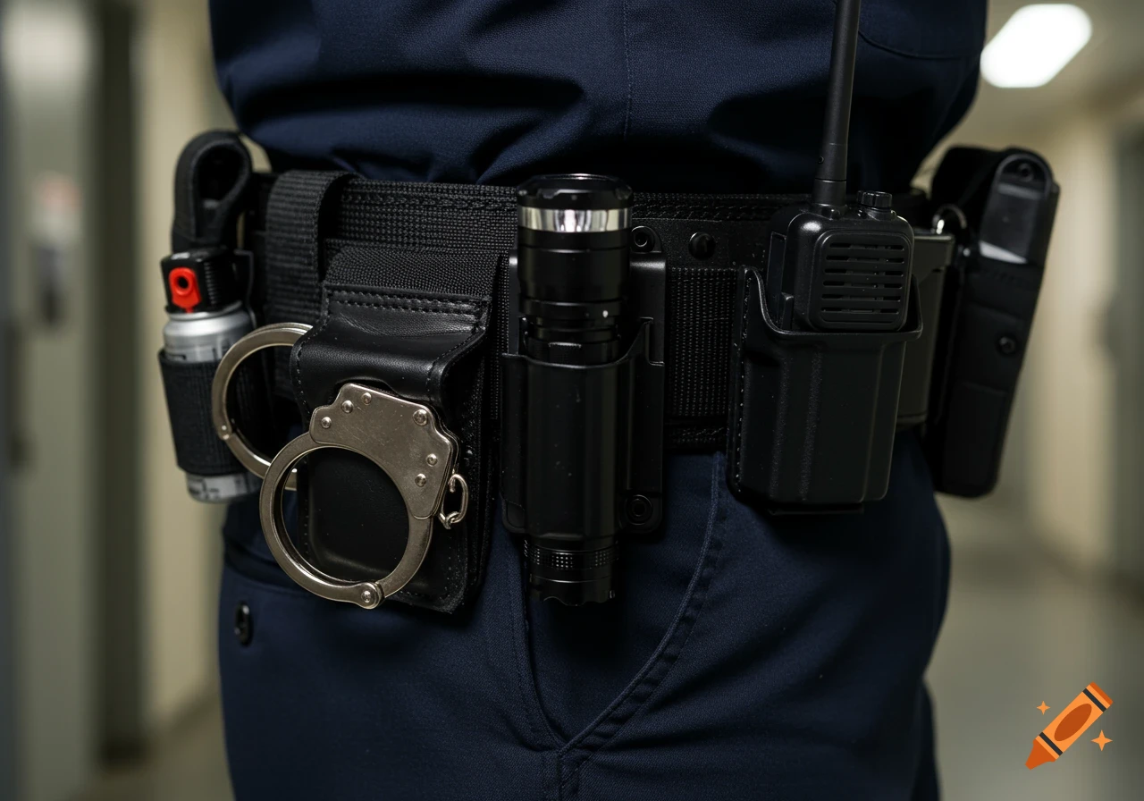 Close-up of a law enforcement duty belt with handcuffs, pepper spray, a flashlight, and a radio.