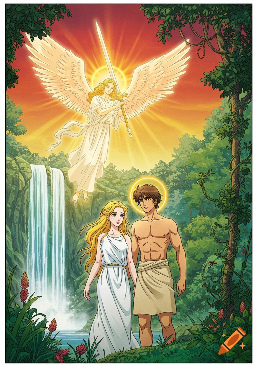 An angel with a flaming sword hovers over Adam and Eve in a lush, waterfall-filled Garden of Eden, depicted in shoujo anime style.