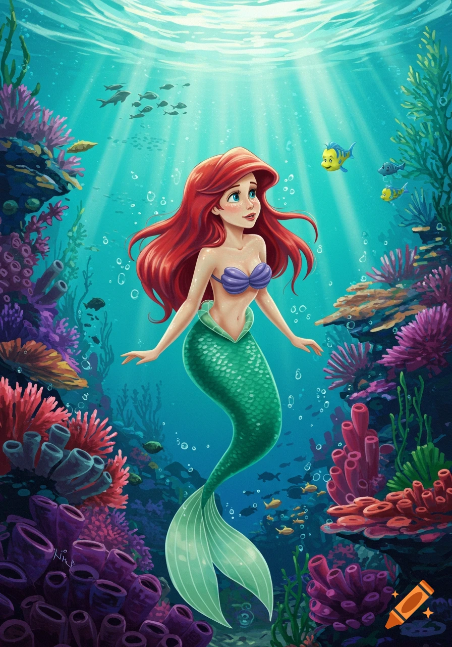 Ariel, the cartoon mermaid with long red hair and a green tail, swims in a vibrant coral reef with colorful fish.