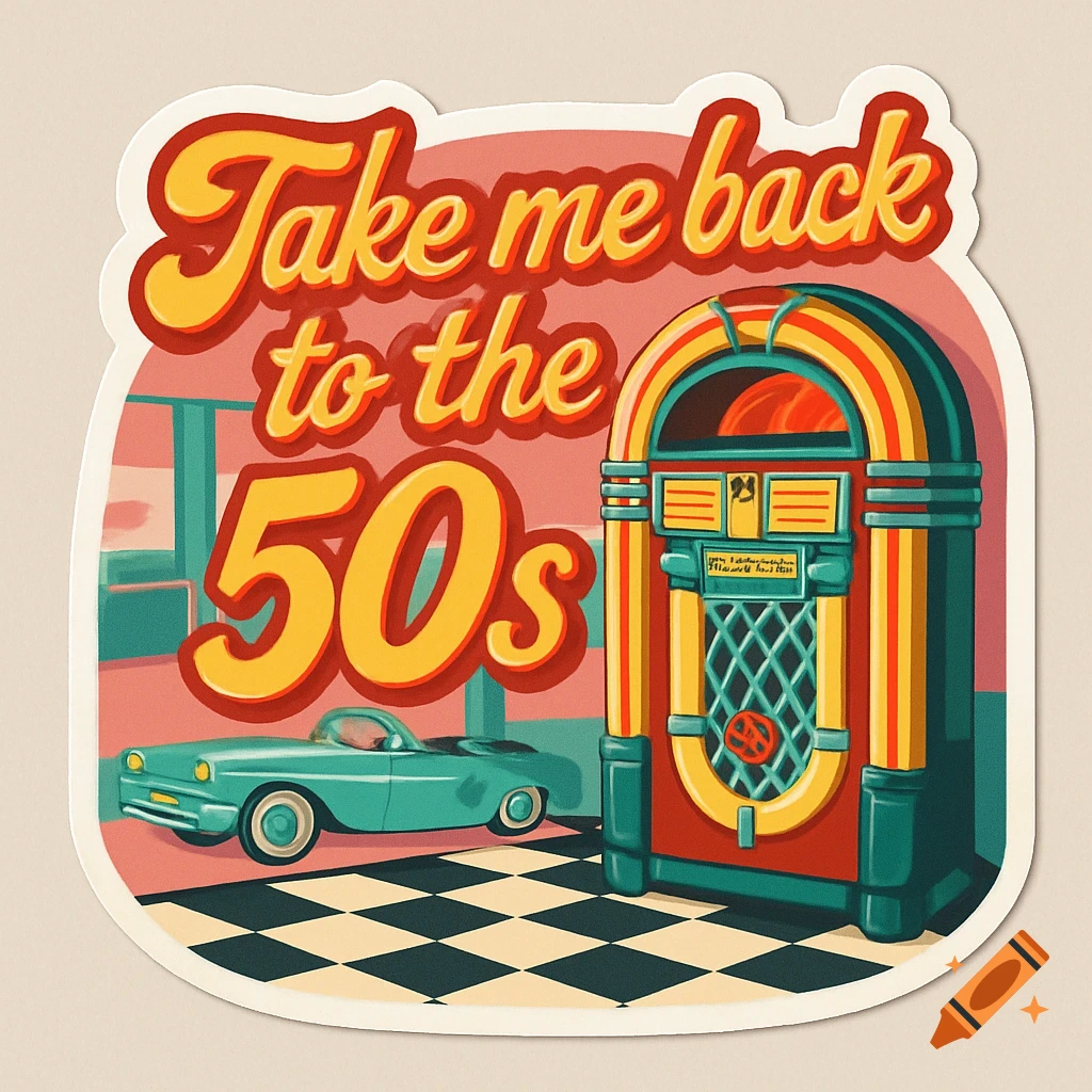 A retro-style sticker with a jukebox and a turquoise convertible car on a checkered floor. Bold yellow and red text reads: Take me back to the 50s.
