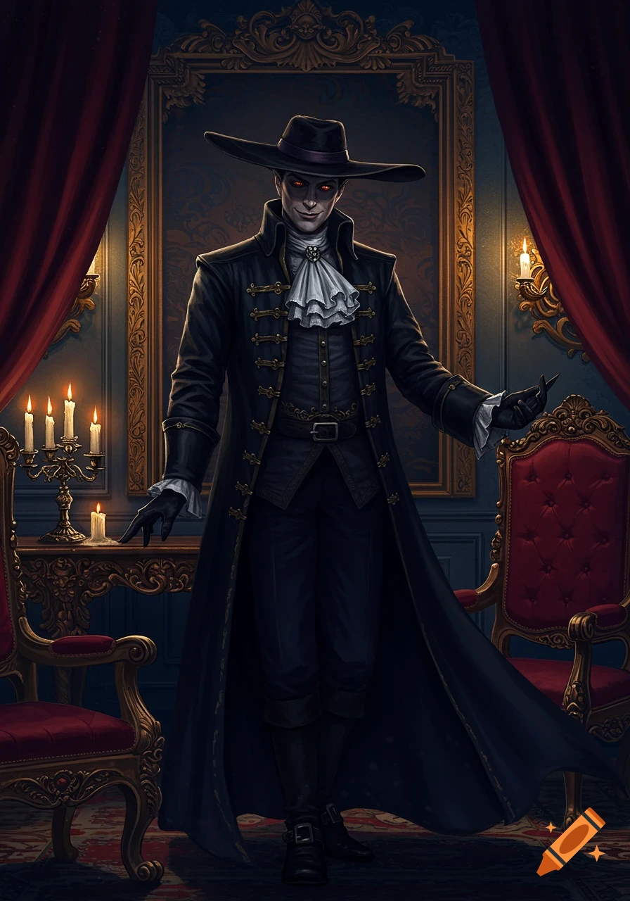 A darkly dressed man with red eyes and a wide-brimmed hat stands in an ornate, candlelit room.