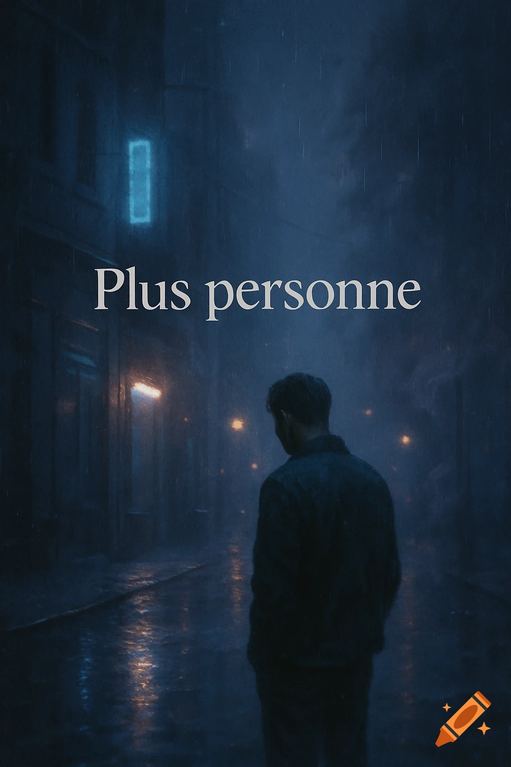 Digital painting of a lonely man standing in a rainy, dimly lit urban alley with the text 'Plus personne' above, evoking a melancholic mood.