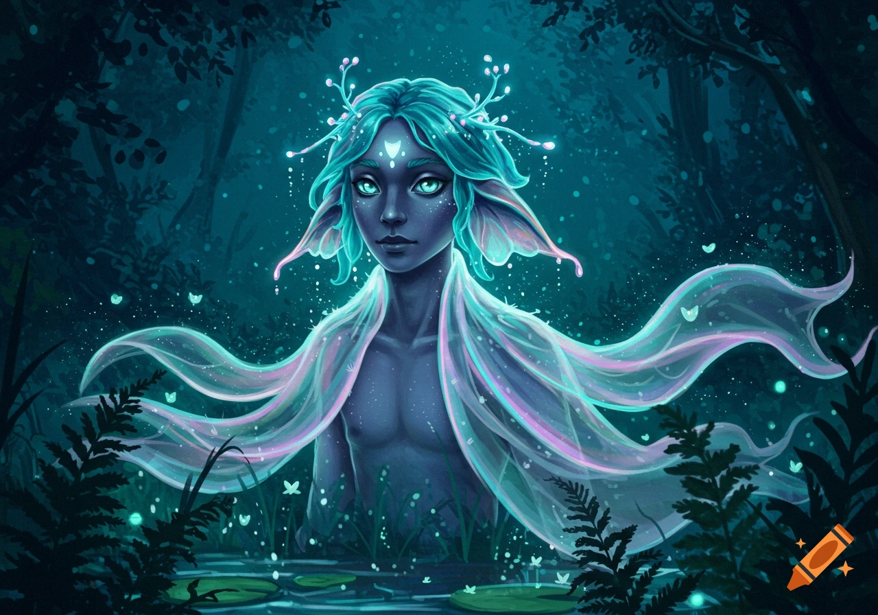 A blue-skinned, teal-haired fairy with glowing eyes and pointed ears emerges from a dark, ethereal forest, adorned with glowing tendrils.