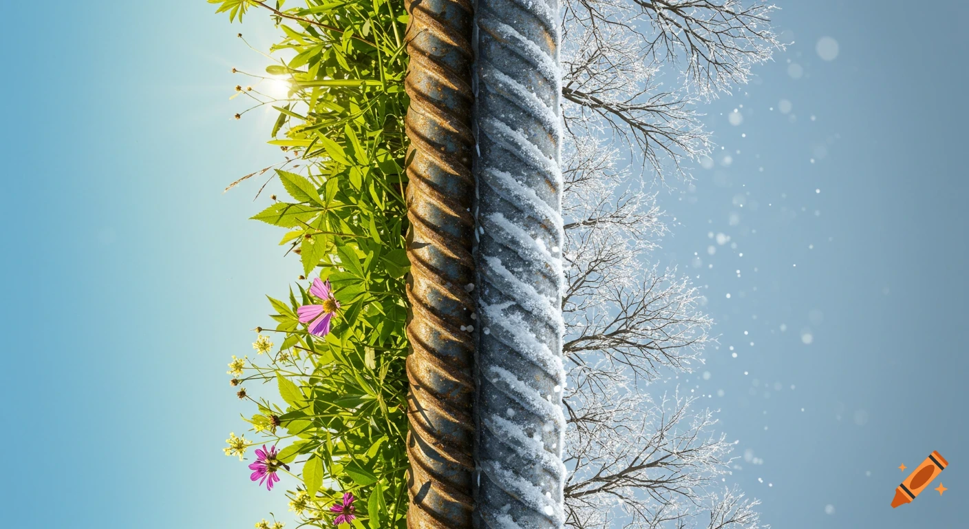 A split image shows two ribbed rebar sections. The left is lush summer greenery and flowers; the right is snowy winter branches.