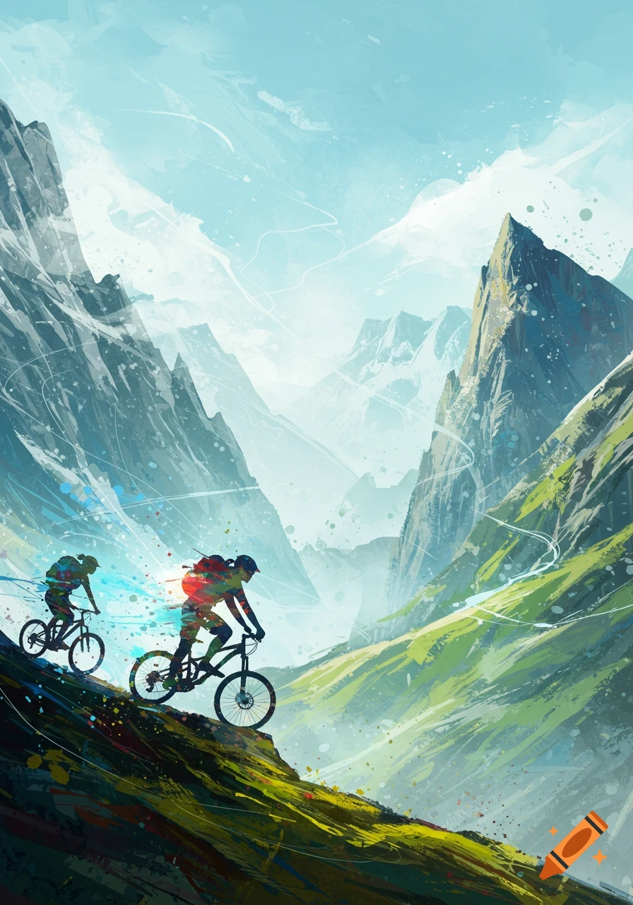Two colorful abstract mountain bikers descend a steep mountain trail with a vast mountain range in the background.