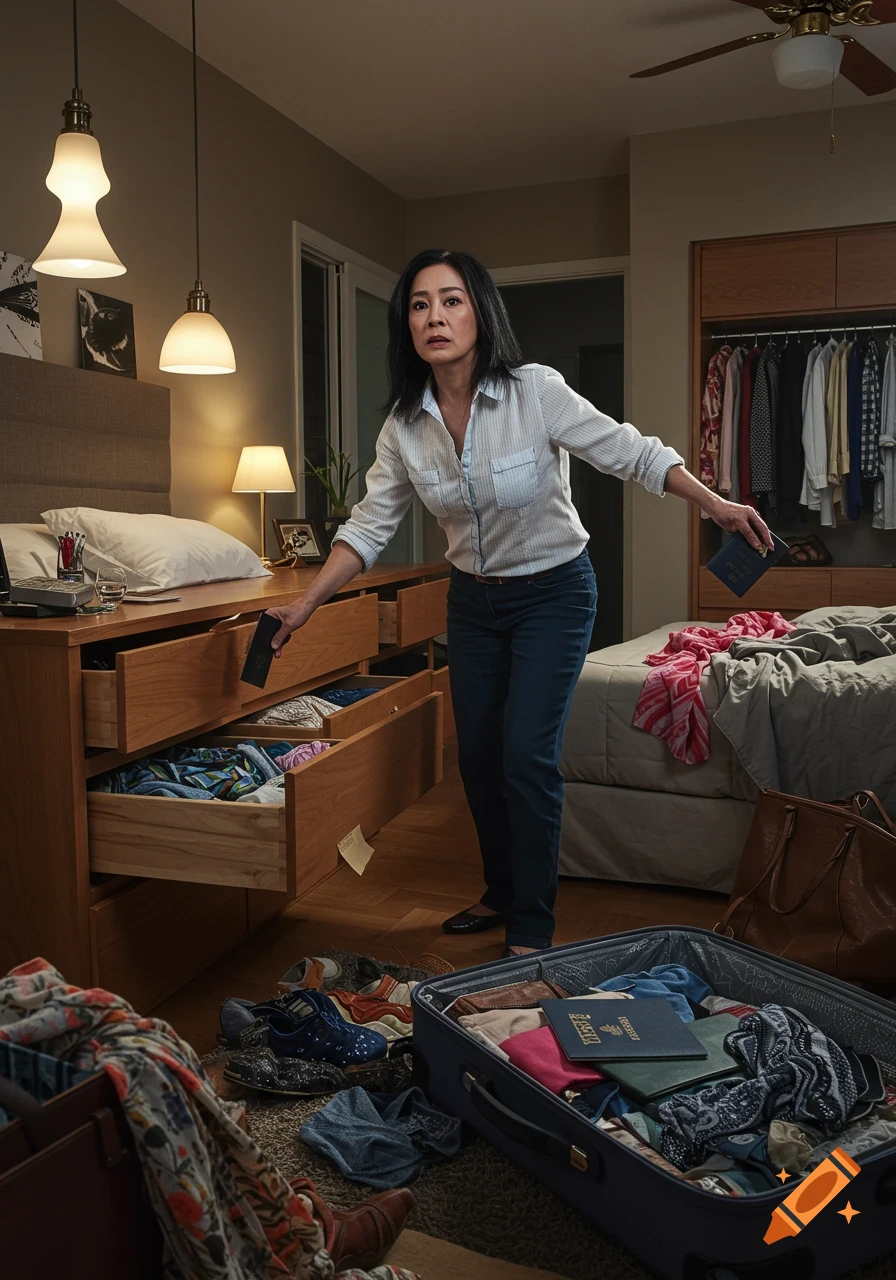 A middle-aged woman frantically searches through open dresser drawers in a messy bedroom while packing a suitcase.
