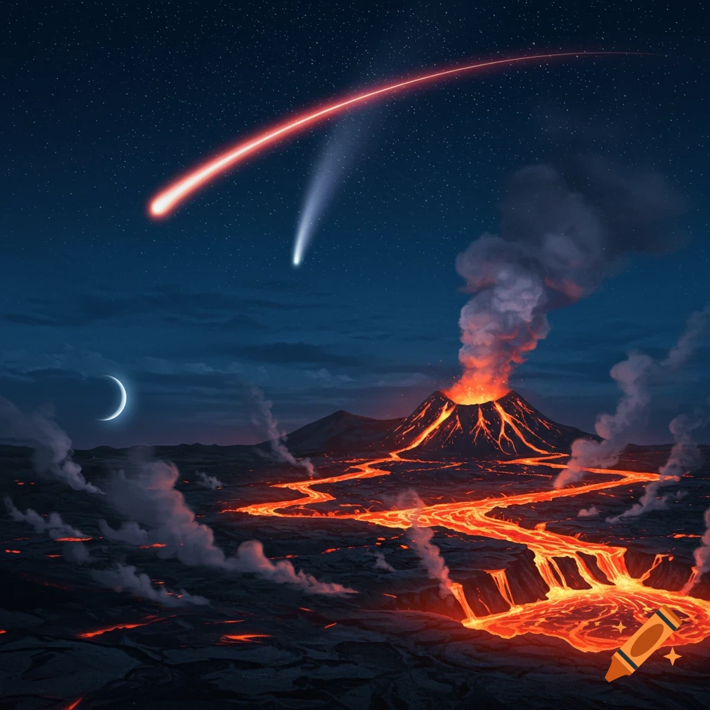A vibrant volcanic eruption with molten lava rivers flowing under a night sky, a bright red comet, and a crescent moon.