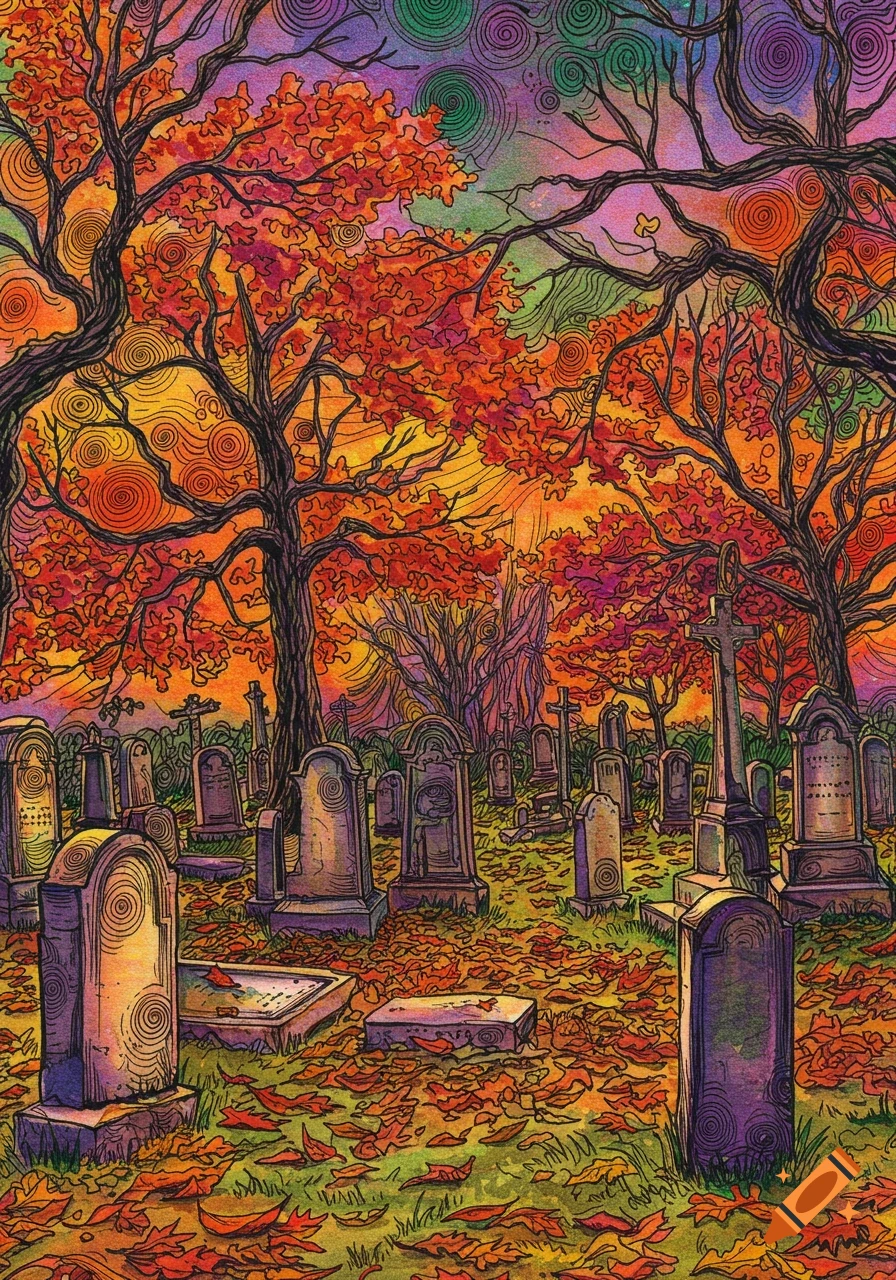 A psychedelic watercolor line drawing of an autumn cemetery with vibrant orange and red leaves covering the ground and gravestones, under a swirling sky.
