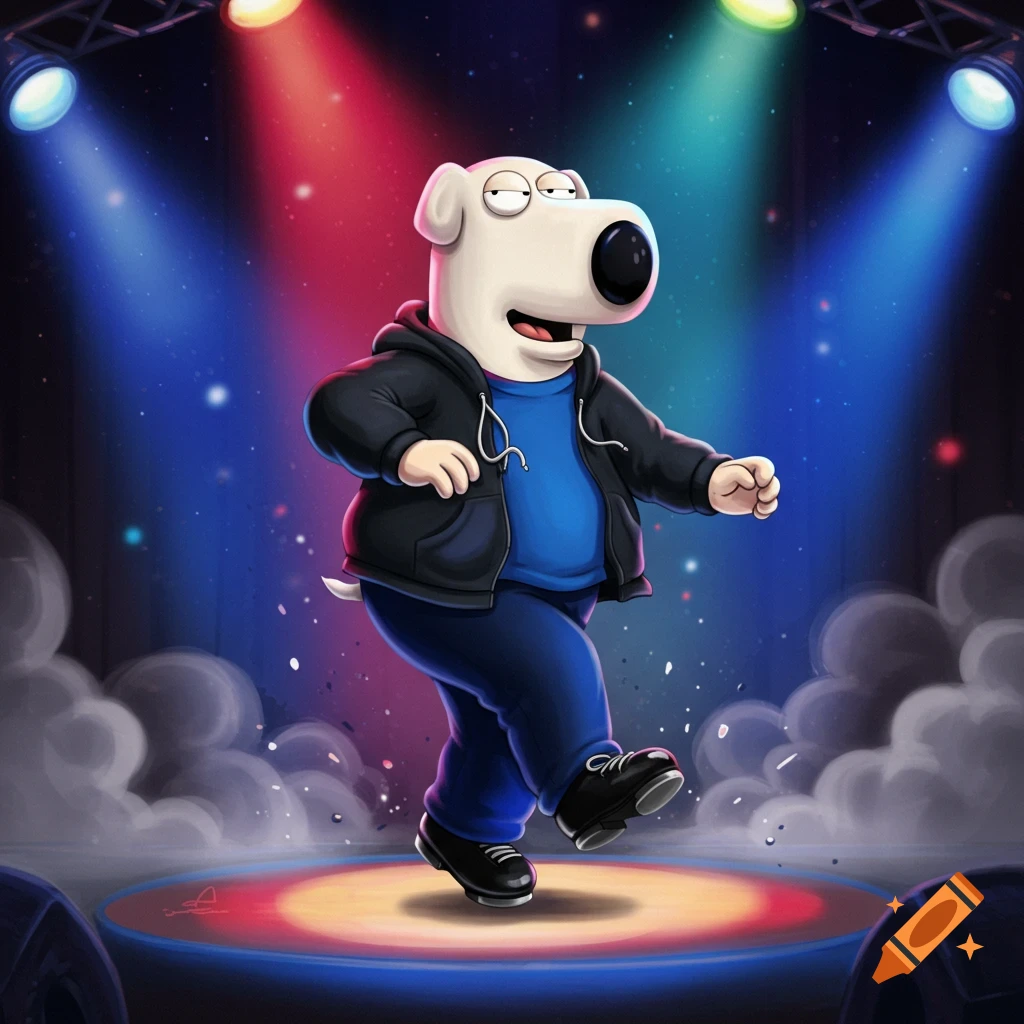 Brian from Family Guy tap dancing on a brightly lit stage, wearing a black hoodie and blue t-shirt, in a cartoon illustration style.