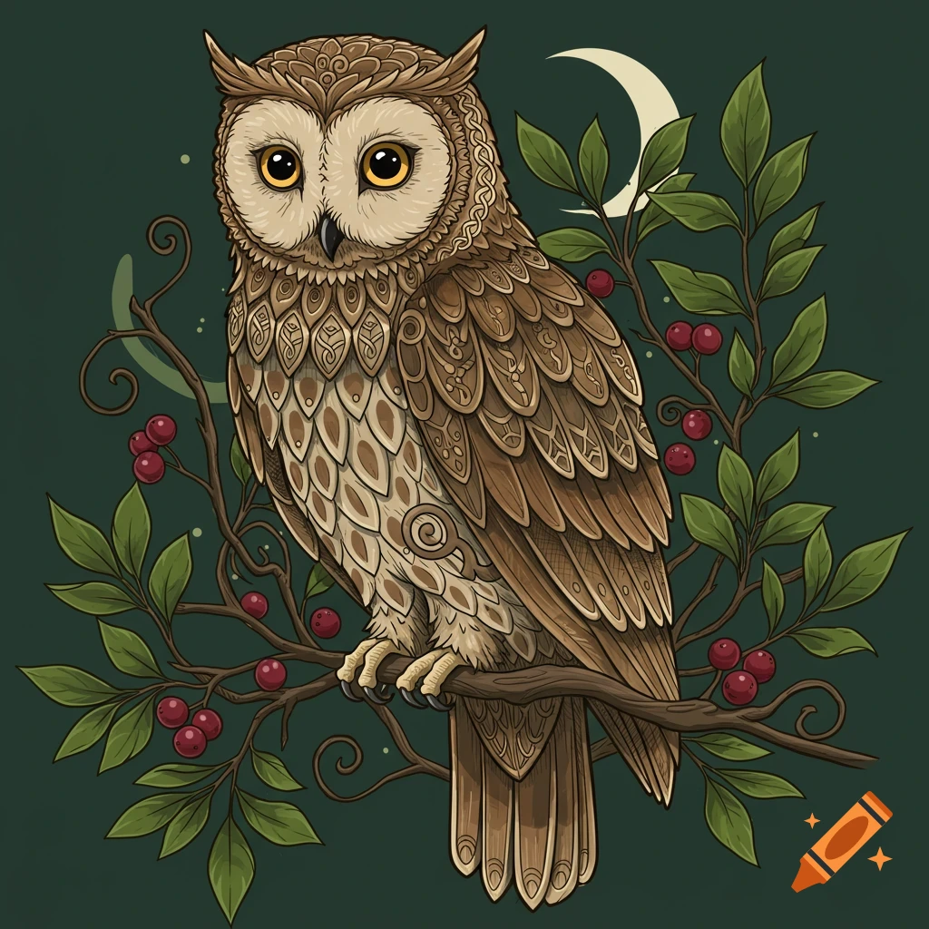 A stylized owl with intricate Celtic patterns perches on a berry branch under a crescent moon in an illustration.