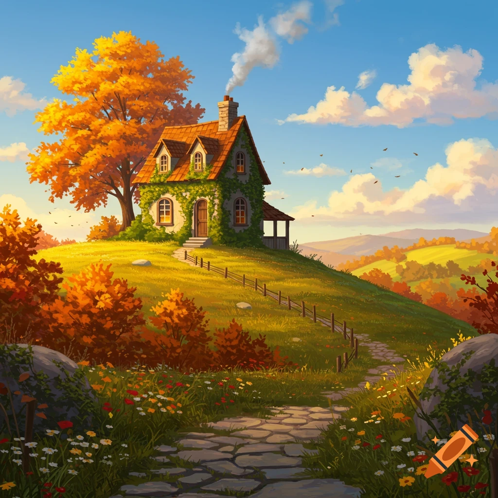 Illustrated cozy cottage on a grassy hill with a winding stone path, smoke from chimney, vibrant autumn trees under a blue sky.