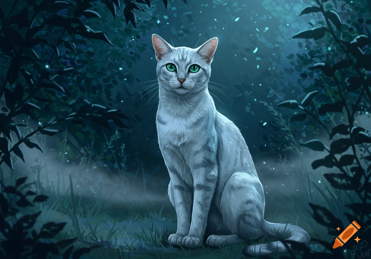 A grey tabby cat with bright green eyes sits in a dark, glowing forest ...