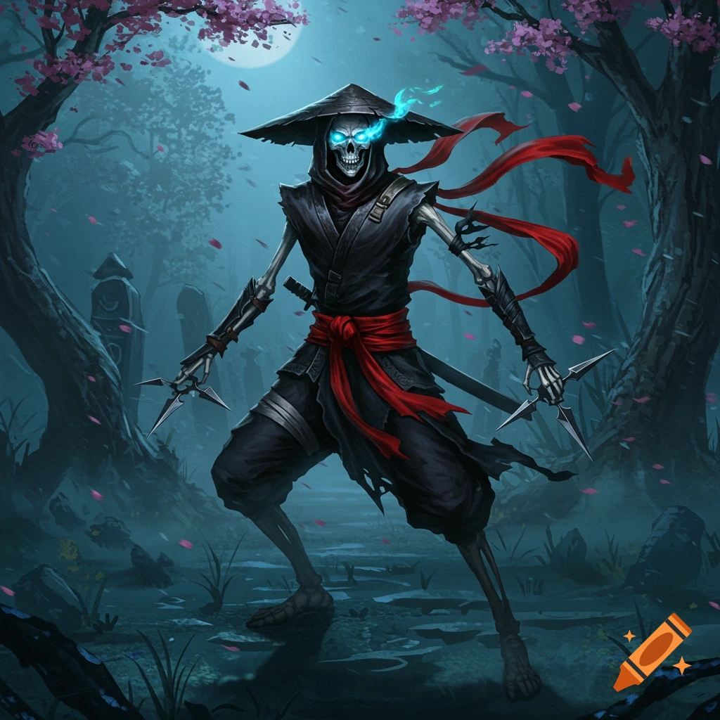 A dark fantasy art of a skeleton ninja with glowing blue eyes, holding shurikens in a moonlit forest with cherry blossoms.