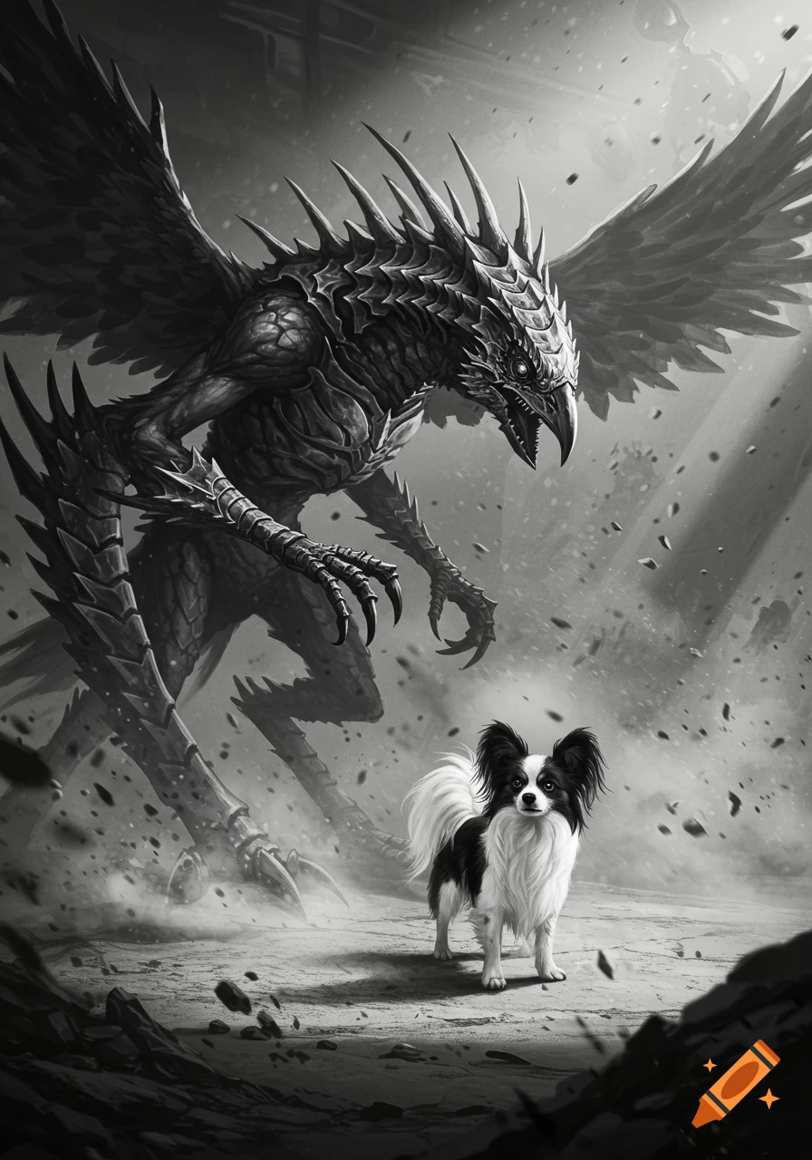 A black and white papillon dog faces a large, spiky, winged monster in a dramatic, monochromatic scene.