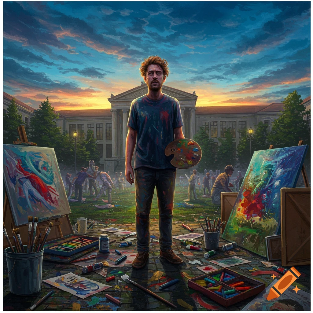 A paint-splattered man with a palette stands amidst art supplies and paintings on the ground, in front of a grand building at sunset.