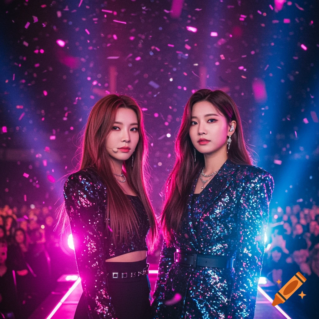 Two K-pop idols in sparkly outfits pose on a stage with confetti, illuminated by magenta and blue lights.