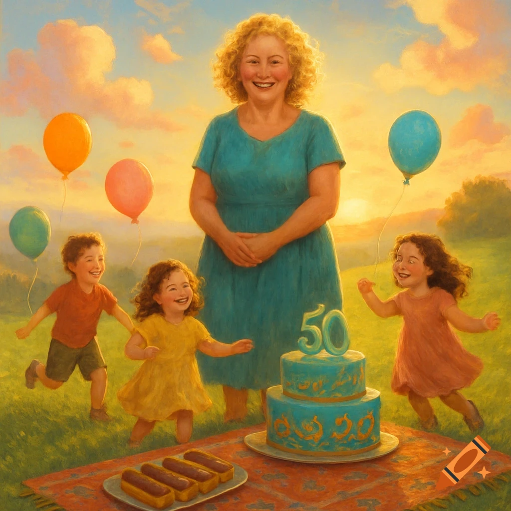 A smiling woman and three happy children celebrate a 50th birthday outdoors with a cake, balloons, and desserts on a blanket at sunset.