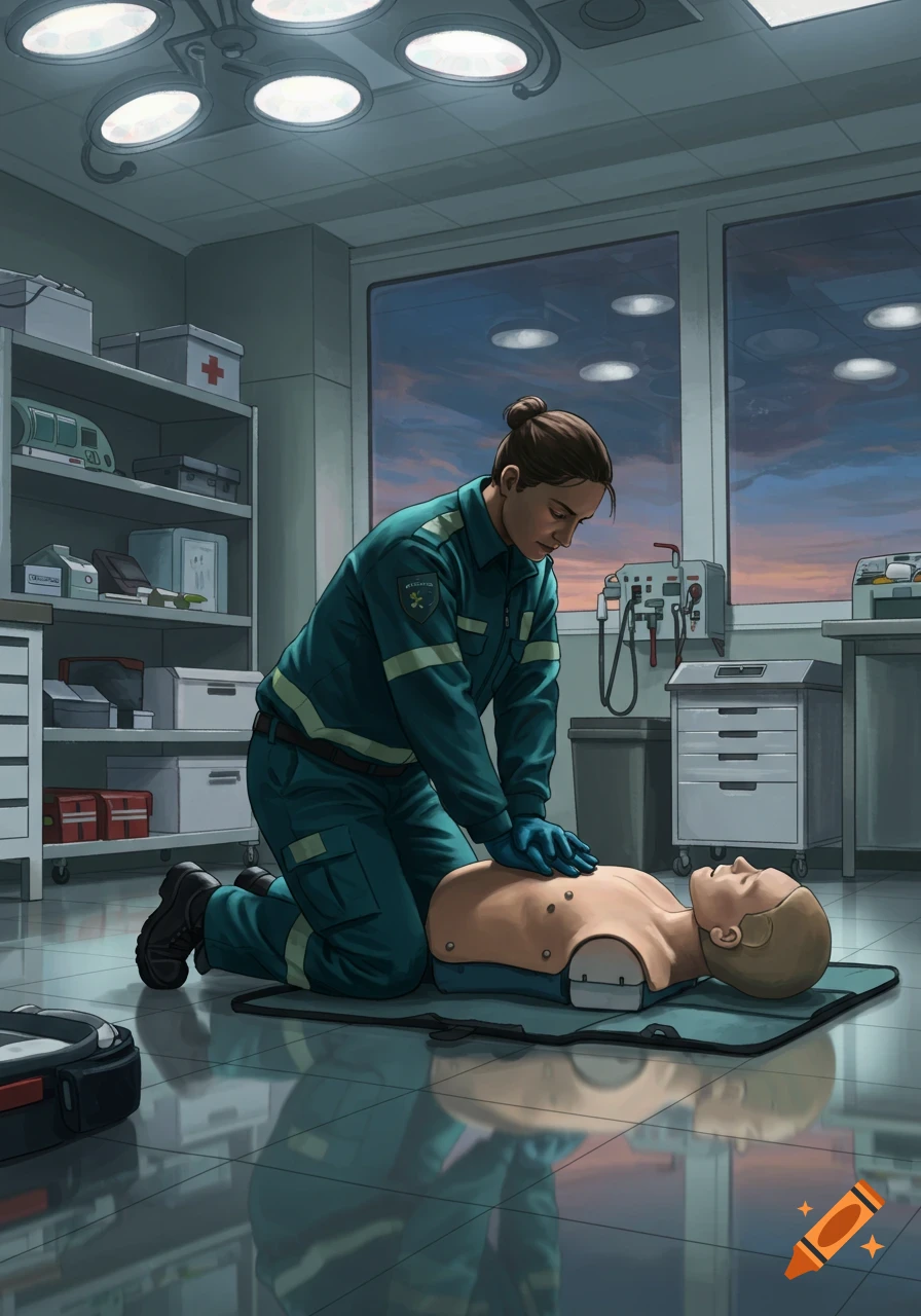 An illustration of a paramedic performing CPR on a dummy in a medical training room with a sunset visible through a large window.