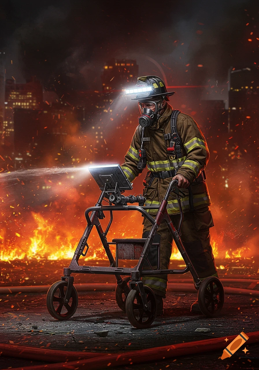 A firefighter in a gas mask and helmet with a lightbar pushes a wheeled device spraying water into a burning city, in an illustrative style.