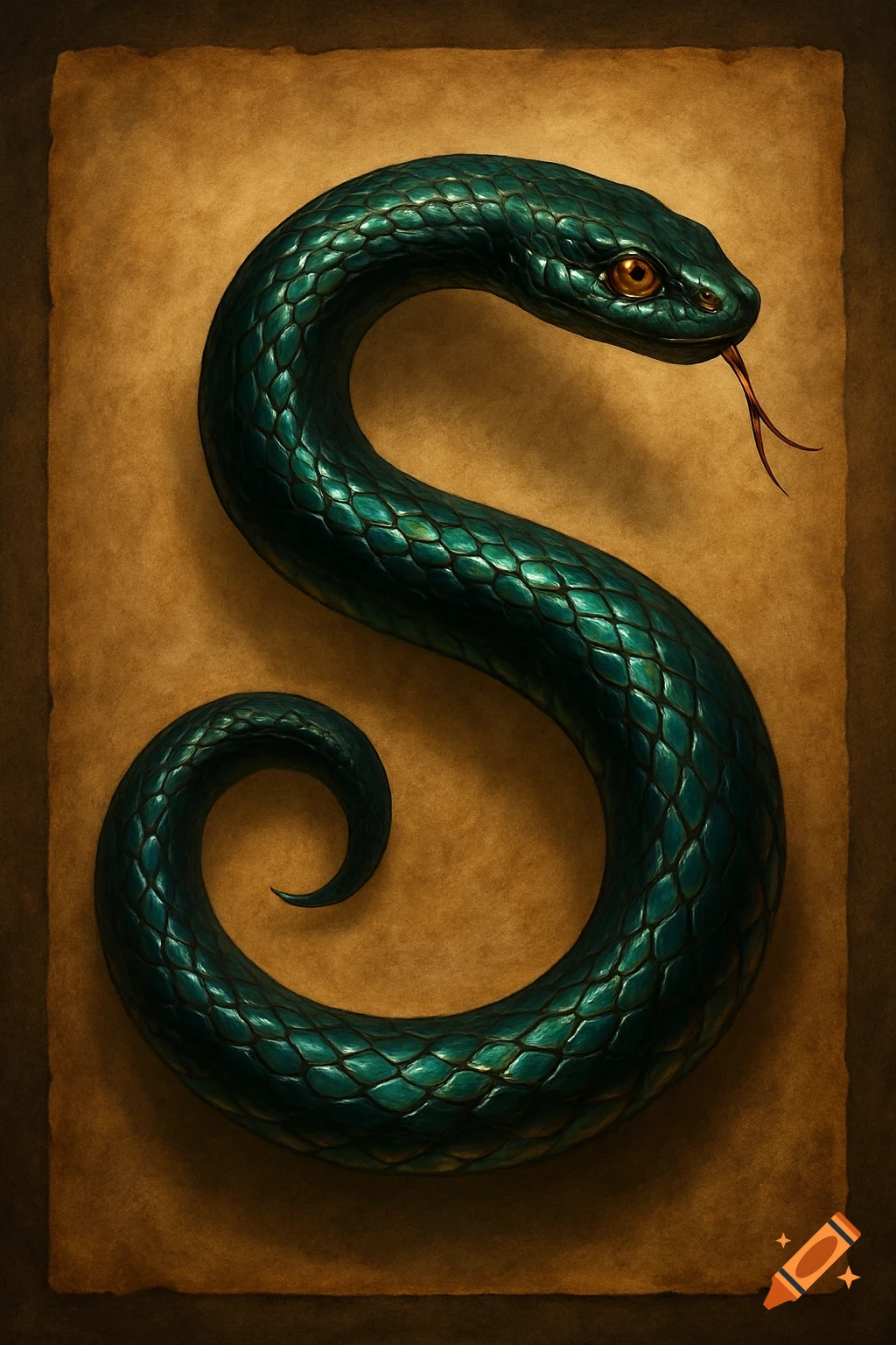 A teal snake coiled into the shape of the letter 'S' on a brown parchment background.
