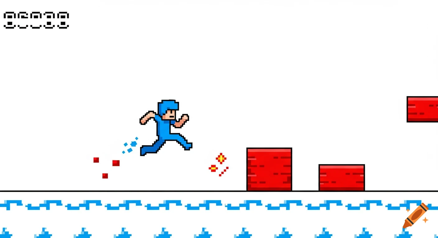 A blue pixel art character with orange hands and hair jumps over red block obstacles. Blue wave patterns are at the bottom on a white background, like a retro video game.