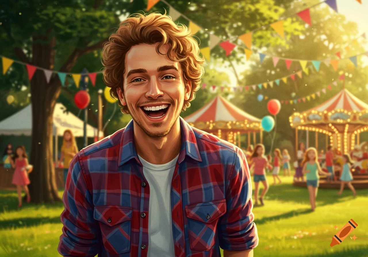 A happy young man with curly hair smiles brightly in a plaid shirt at a sunny outdoor carnival with tents and children in the background, illustrated style.